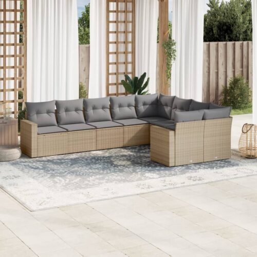 9-Piece Garden Sofa Set with Cushions Beige Poly Rattan Wicker Outdoor Patio Furniture - Image 2