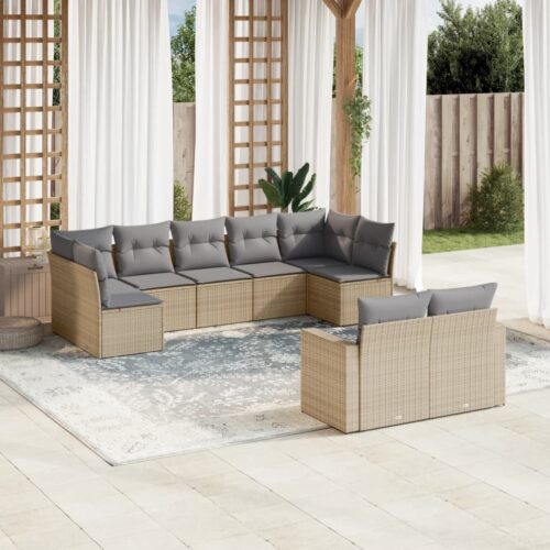 9-Piece Garden Sofa Set with Cushions Beige Poly Rattan Wicker Outdoor Patio Furniture - Image 2