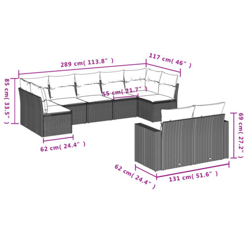 9-Piece Garden Sofa Set with Cushions Beige Poly Rattan Wicker Outdoor Patio Furniture - Image 7