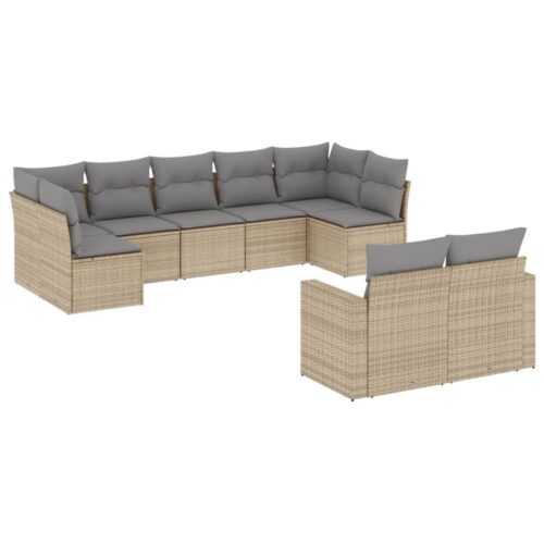 9-Piece Garden Sofa Set with Cushions Beige Poly Rattan Wicker Outdoor Patio Furniture - Image 13