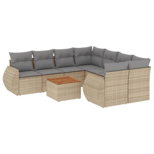 9-Piece Garden Sofa Set with Cushions Beige Poly Rattan Wicker Outdoor Patio Furniture