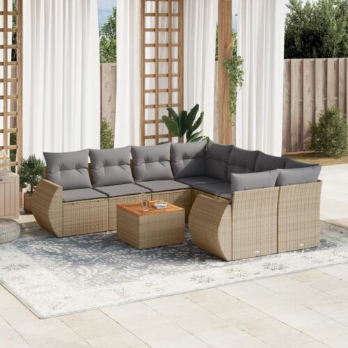 9-Piece Garden Sofa Set with Cushions Beige Poly Rattan Wicker Outdoor Patio Furniture - Image 2