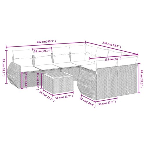 9-Piece Garden Sofa Set with Cushions Beige Poly Rattan Wicker Outdoor Patio Furniture - Image 8