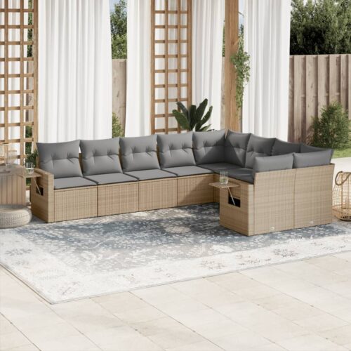 9-Piece Garden Sofa Set with Cushions Beige Poly Rattan Wicker Outdoor Patio Furniture - Image 2