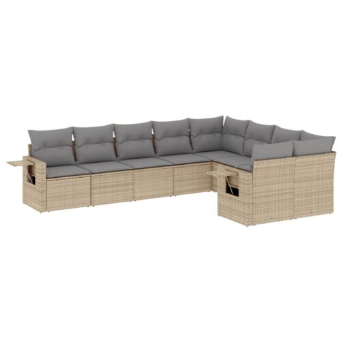 9-Piece Garden Sofa Set with Cushions Beige Poly Rattan Wicker Outdoor Patio Furniture - Image 12