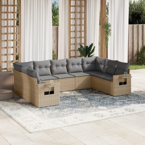 9-Piece Garden Sofa Set with Cushions Beige Poly Rattan Wicker Outdoor Patio Furniture - Image 2