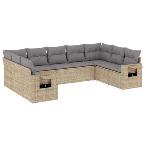 9-Piece Garden Sofa Set with Cushions Beige Poly Rattan Wicker Outdoor Patio Furniture - Image 12