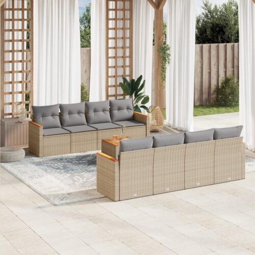 9-Piece Garden Sofa Set with Cushions Beige Poly Rattan Wicker Outdoor Patio Furniture - Image 2