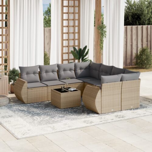 9-Piece Garden Sofa Set with Cushions Beige Poly Rattan Wicker Outdoor Patio Furniture - Image 2