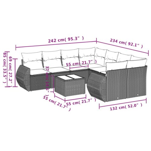 9-Piece Garden Sofa Set with Cushions Beige Poly Rattan Wicker Outdoor Patio Furniture - Image 8