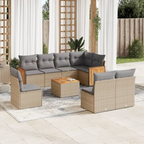9-Piece Garden Sofa Set with Cushions Beige Poly Rattan Wicker Outdoor Patio Furniture - Image 2