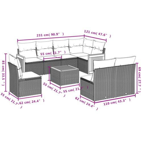 9-Piece Garden Sofa Set with Cushions Beige Poly Rattan Wicker Outdoor Patio Furniture - Image 3