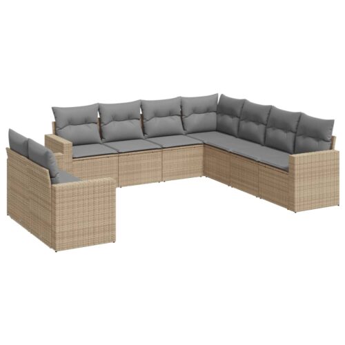 9-Piece Garden Sofa Set with Cushions Beige Poly Rattan Wicker Outdoor Patio Furniture