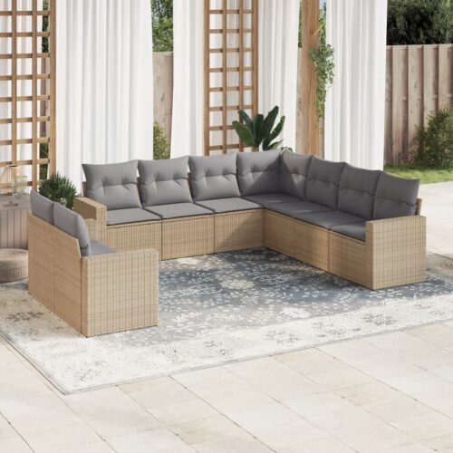 9-Piece Garden Sofa Set with Cushions Beige Poly Rattan Wicker Outdoor Patio Furniture - Image 2