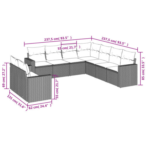 9-Piece Garden Sofa Set with Cushions Beige Poly Rattan Wicker Outdoor Patio Furniture - Image 3