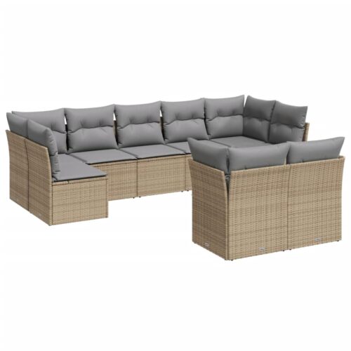 9-Piece Garden Sofa Set with Cushions Beige Poly Rattan Wicker Outdoor Patio Furniture