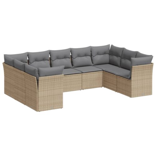9-Piece Garden Sofa Set with Cushions Beige Poly Rattan Wicker Outdoor Patio Furniture