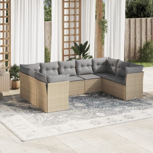9-Piece Garden Sofa Set with Cushions Beige Poly Rattan Wicker Outdoor Patio Furniture - Image 2
