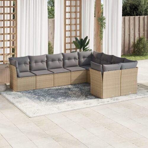 9-Piece Garden Sofa Set with Cushions Beige Poly Rattan Wicker Outdoor Patio Furniture - Image 2