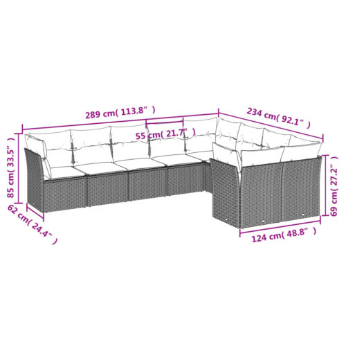 9-Piece Garden Sofa Set with Cushions Beige Poly Rattan Wicker Outdoor Patio Furniture - Image 3