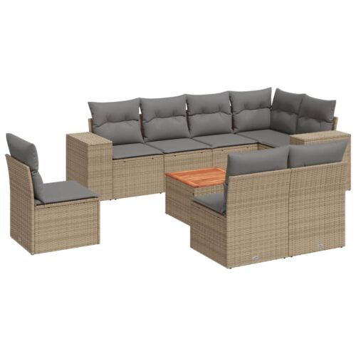 9-Piece Garden Sofa Set with Cushions Beige Poly Rattan Wicker Outdoor Patio Furniture