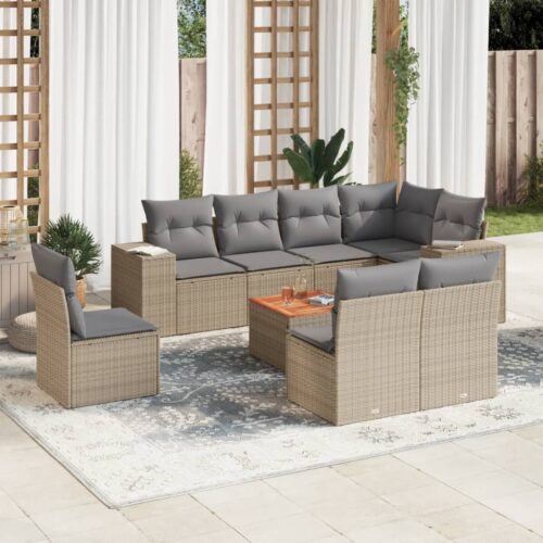 9-Piece Garden Sofa Set with Cushions Beige Poly Rattan Wicker Outdoor Patio Furniture - Image 2