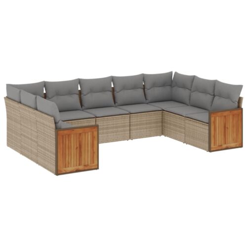 9-Piece Garden Sofa Set with Cushions Beige Poly Rattan Wicker Outdoor Patio Furniture