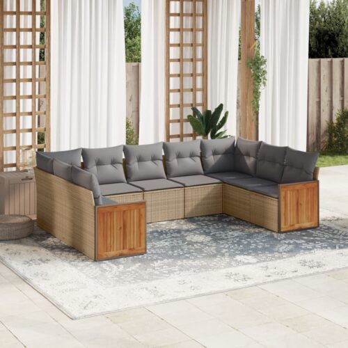 9-Piece Garden Sofa Set with Cushions Beige Poly Rattan Wicker Outdoor Patio Furniture - Image 2