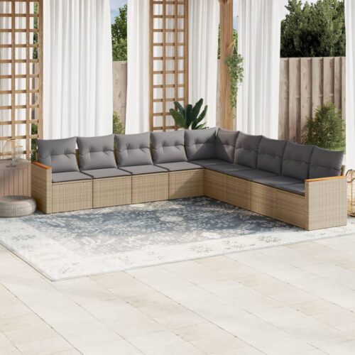 9-Piece Garden Sofa Set with Cushions Beige Poly Rattan Wicker Outdoor Patio Furniture - Image 2