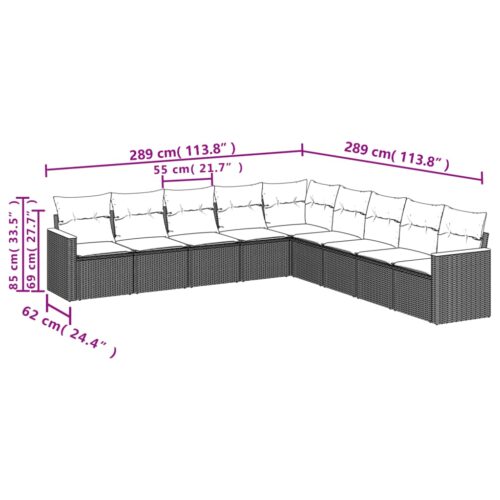 9-Piece Garden Sofa Set with Cushions Beige Poly Rattan Wicker Outdoor Patio Furniture - Image 3