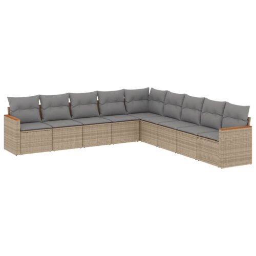 9-Piece Garden Sofa Set with Cushions Beige Poly Rattan Wicker Outdoor Patio Furniture - Image 5
