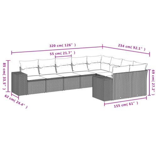 9-Piece Garden Sofa Set with Cushions Beige Poly Rattan Wicker Outdoor Patio Furniture - Image 7