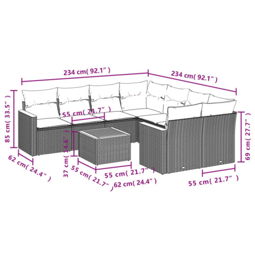 9-Piece Garden Sofa Set with Cushions Beige Poly Rattan Wicker Outdoor Patio Furniture - Image 3