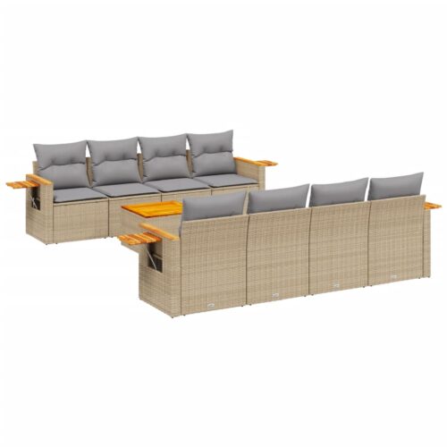 9-Piece Garden Sofa Set with Cushions Beige Poly Rattan Wicker Outdoor Patio Furniture - Image 5