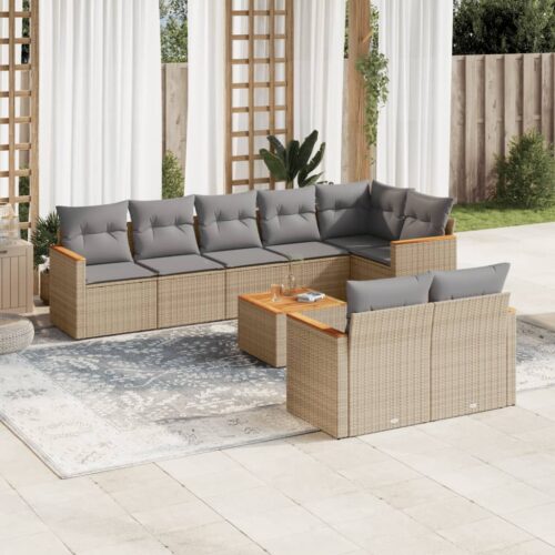 9-Piece Garden Sofa Set with Cushions Beige Poly Rattan Wicker Outdoor Patio Furniture - Image 2