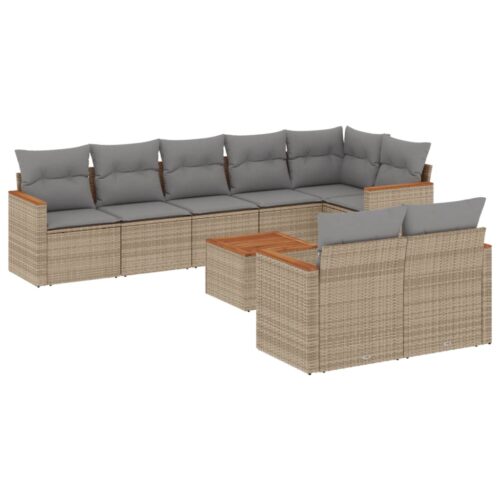 9-Piece Garden Sofa Set with Cushions Beige Poly Rattan Wicker Outdoor Patio Furniture - Image 5