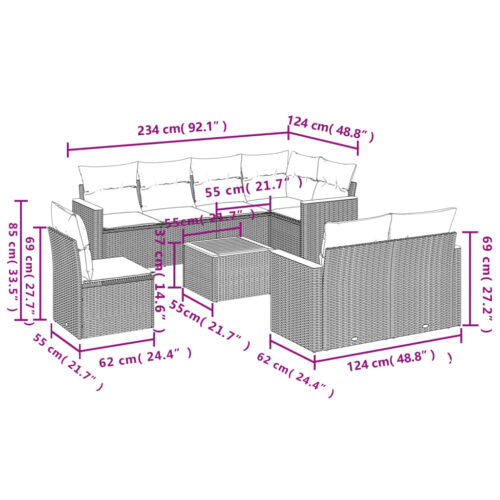 9-Piece Garden Sofa Set with Cushions Beige Poly Rattan Wicker Outdoor Patio Furniture - Image 3