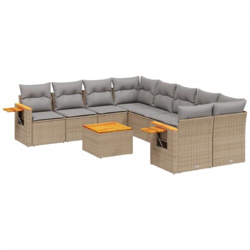 9-Piece Garden Sofa Set with Cushions Beige Poly Rattan Wicker Outdoor Patio Furniture