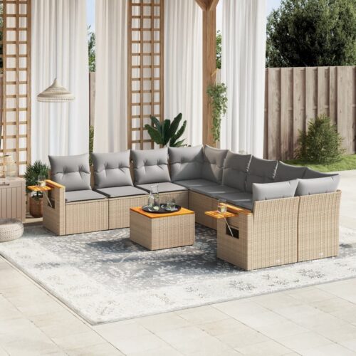 9-Piece Garden Sofa Set with Cushions Beige Poly Rattan Wicker Outdoor Patio Furniture - Image 2