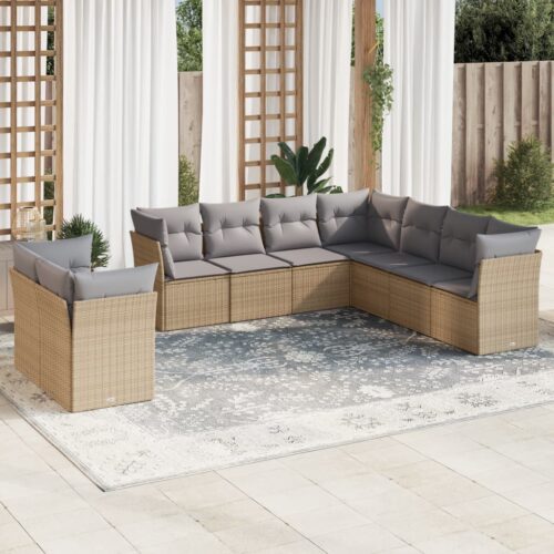 9-Piece Garden Sofa Set with Cushions Beige Poly Rattan Wicker Outdoor Patio Furniture - Image 2