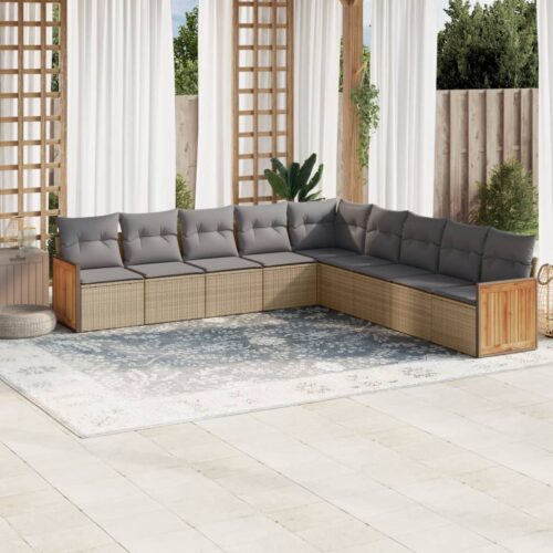 9-Piece Garden Sofa Set with Cushions Beige Poly Rattan Wicker Outdoor Patio Furniture - Image 2