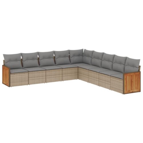 9-Piece Garden Sofa Set with Cushions Beige Poly Rattan Wicker Outdoor Patio Furniture - Image 5