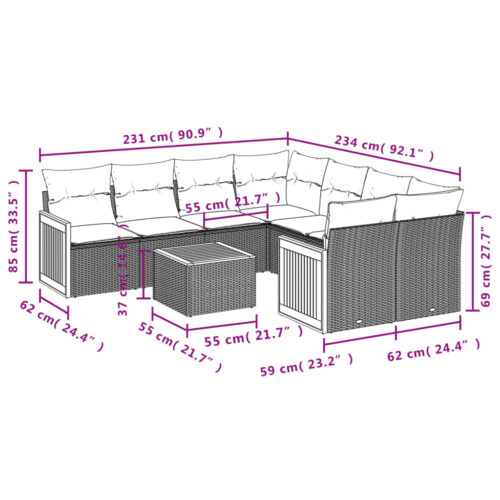 9-Piece Garden Sofa Set with Cushions Beige Poly Rattan Wicker Outdoor Patio Furniture - Image 3