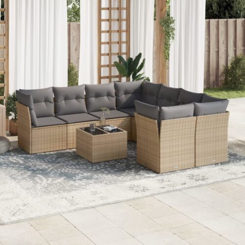 9-Piece Garden Sofa Set with Cushions Beige Poly Rattan Wicker Outdoor Patio Furniture - Image 2