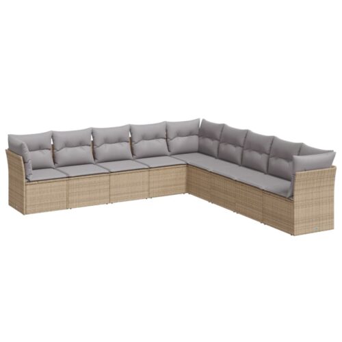 9-Piece Garden Sofa Set with Cushions Beige Poly Rattan Wicker Outdoor Patio Furniture - Image 5
