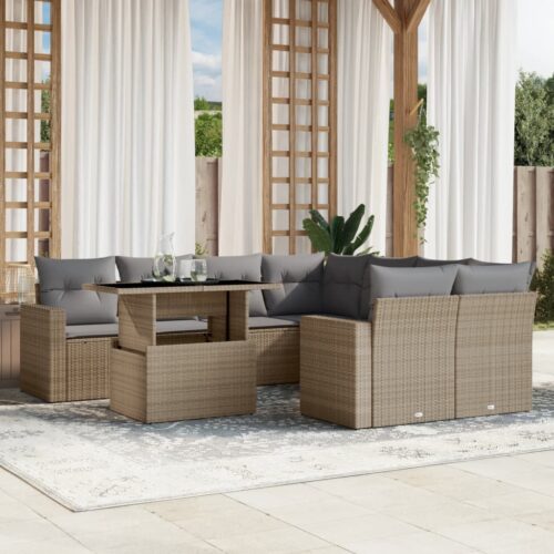 9-Piece Garden Sofa Set with Cushions Beige Poly Rattan Wicker Outdoor Patio Furniture - Image 2