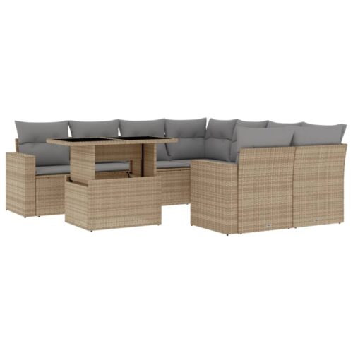 9-Piece Garden Sofa Set with Cushions Beige Poly Rattan Wicker Outdoor Patio Furniture - Image 13