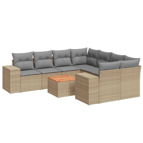 9-Piece Garden Sofa Set with Cushions Beige Poly Rattan Wicker Outdoor Patio Furniture