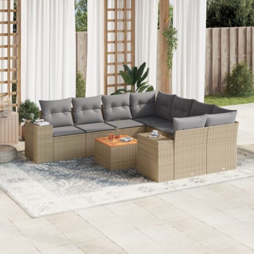 9-Piece Garden Sofa Set with Cushions Beige Poly Rattan Wicker Outdoor Patio Furniture - Image 2
