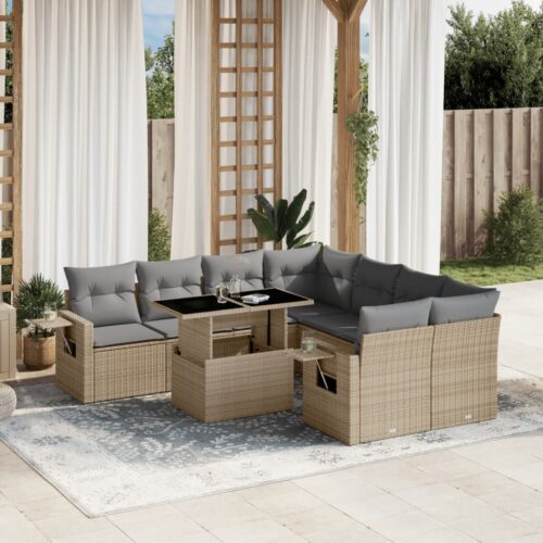 9-Piece Garden Sofa Set with Cushions Beige Poly Rattan Wicker Outdoor Patio Furniture - Image 2